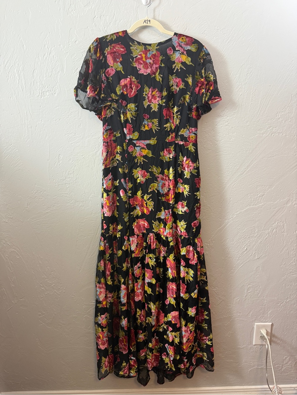 Rixo x RTR Velvet Floral Gown in Black & Red Formal Maxi Dress Short Sleeve 10 - Picture 5 of 7